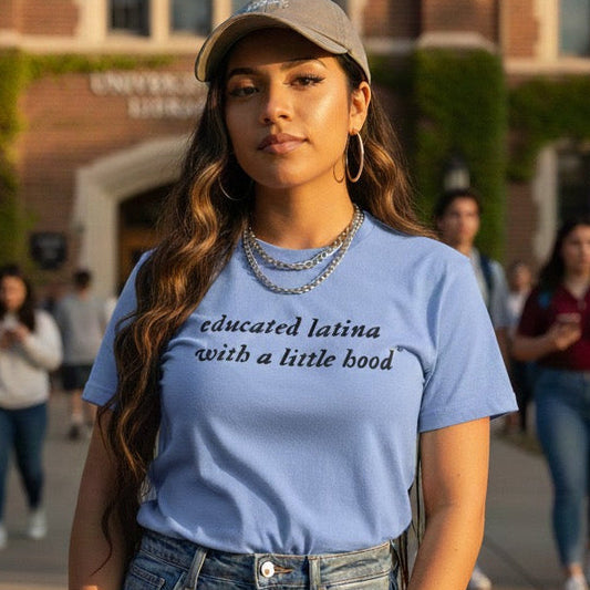 Latina woman wearing empowering Educated Latina t-shirt showing pride and roots