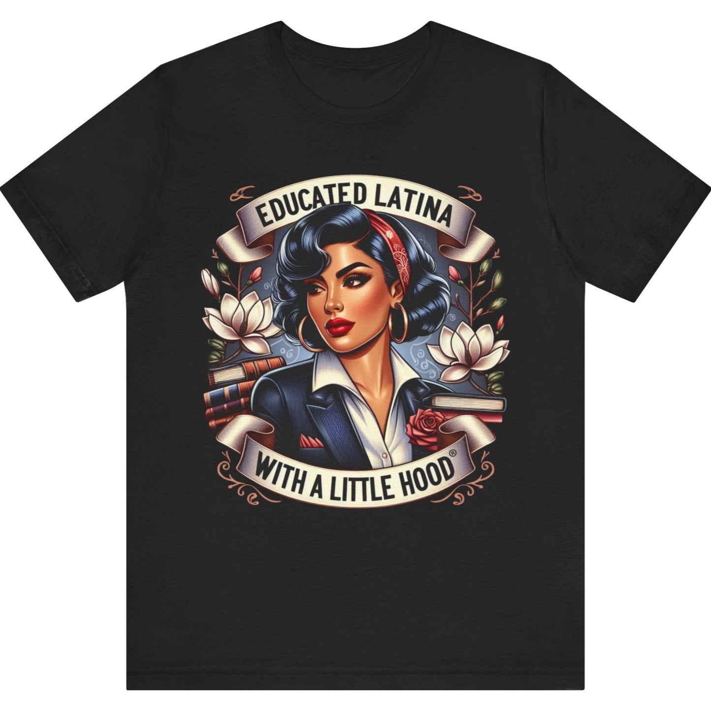 Stylish Educated Latina with a Little Hood® shirt representing Latina pride and empowerment