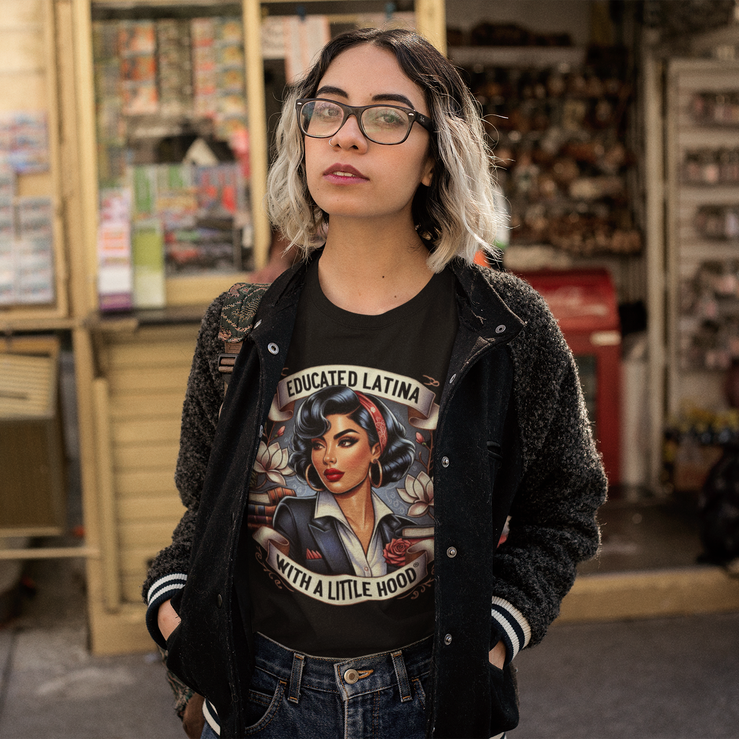 Woman wearing a cool Educated Latina with a Little Hood® shirt representing Latina resilience