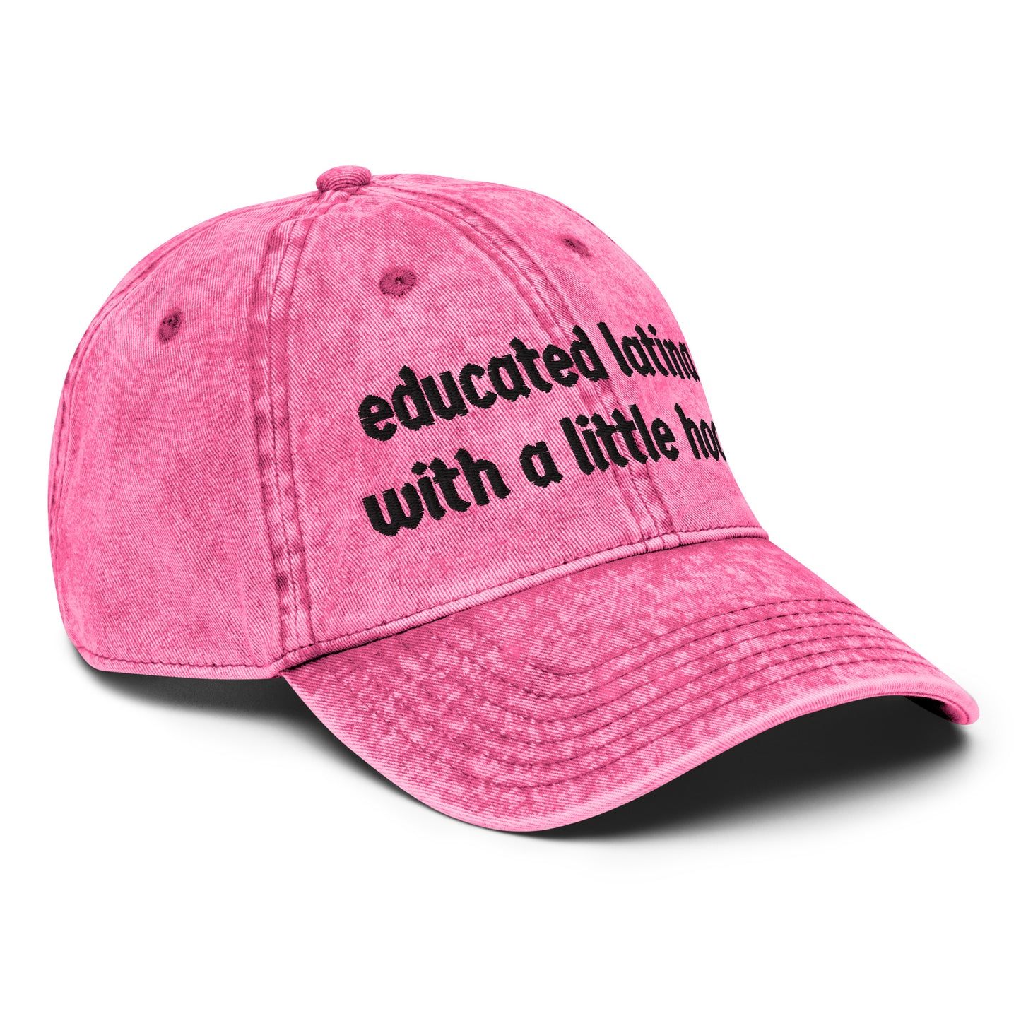 Side view of Educated Latina with a Little Hood distressed baseball cap