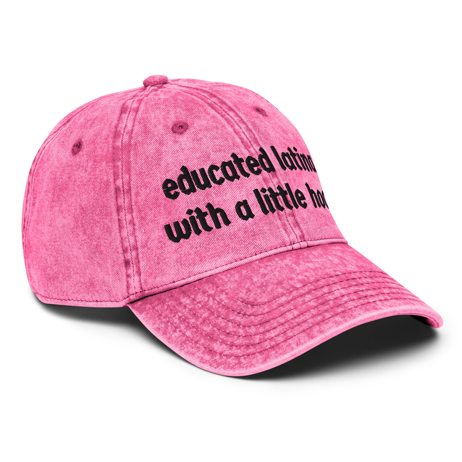 Side view of Educated Latina with a Little Hood distressed baseball cap
