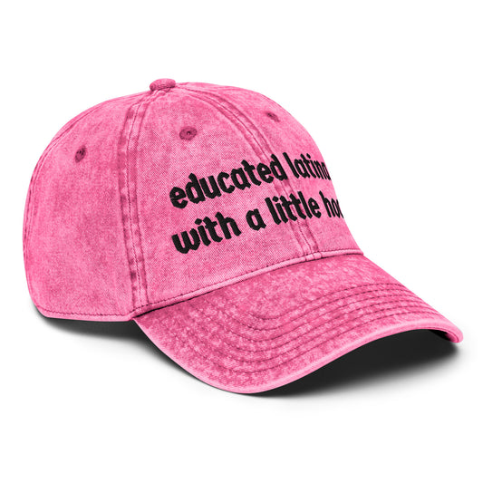 Side view of Educated Latina with a Little Hood distressed baseball cap