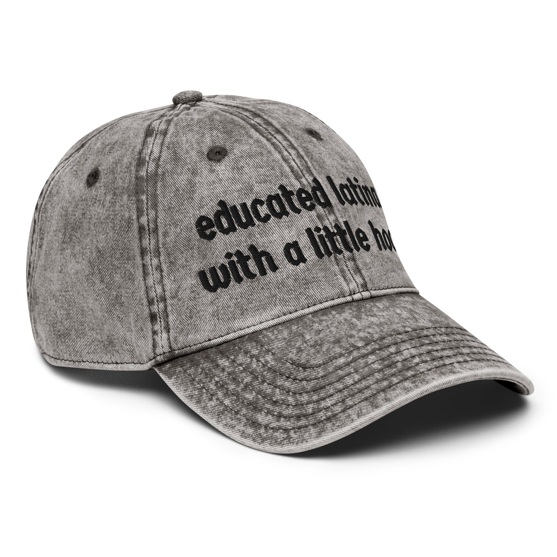 Side view of Educated Latina distressed baseball cap with hood humor