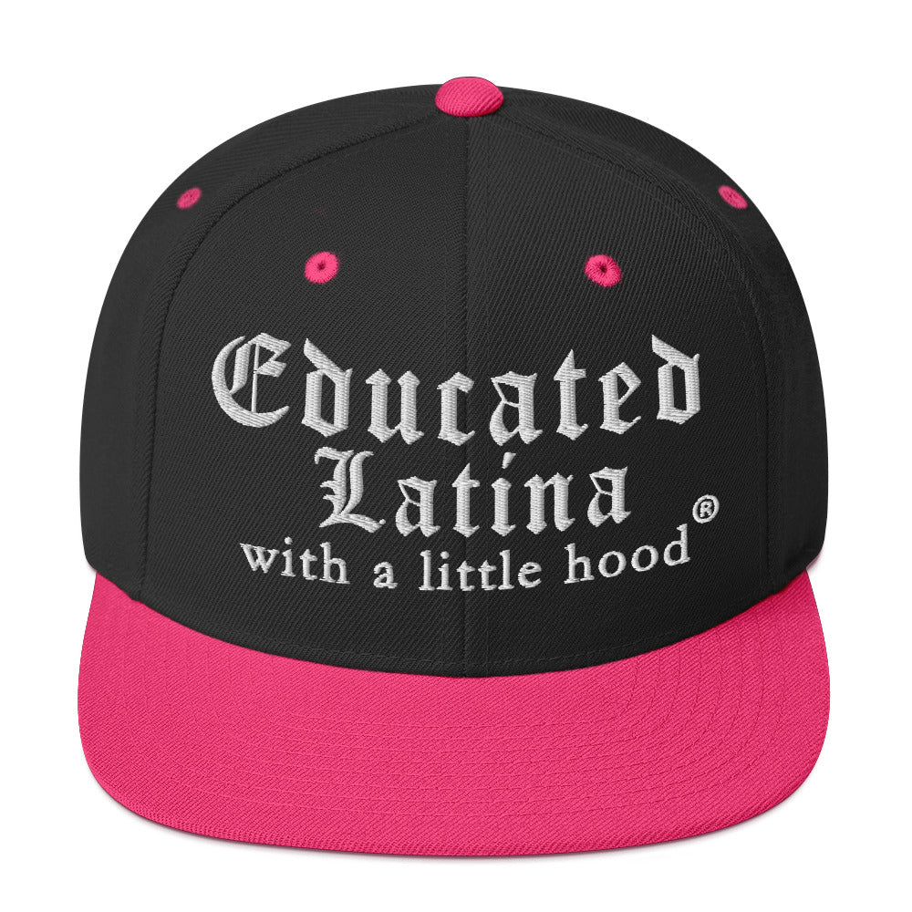 Educated Latina with a Little Hood snapback hat with jefa streetwear attitude