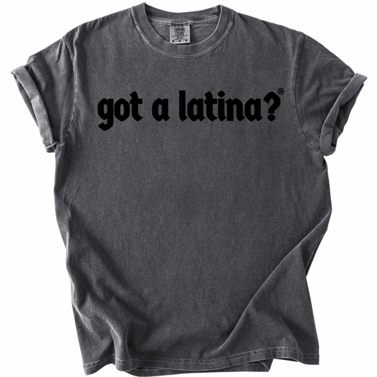 Gray t-shirt with bold black Got a Latina? text, Latina empowerment shirt celebrating Hispanic Heritage
