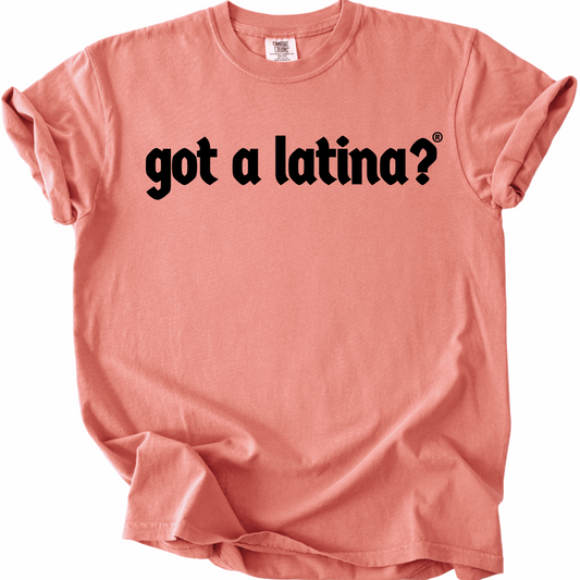 Peach t-shirt with bold black Got a Latina? text, Latina empowerment tee celebrating visibility and leadership