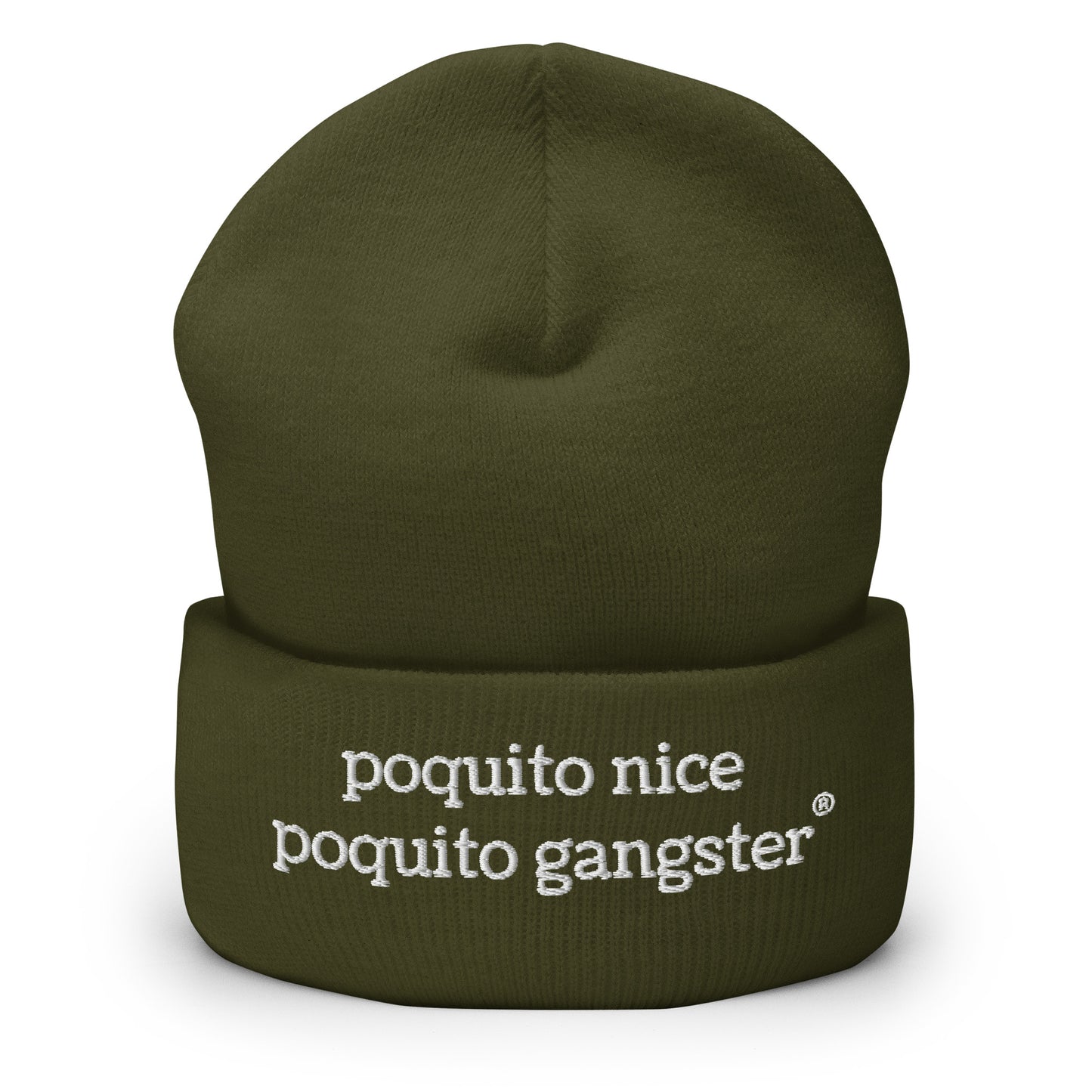 Poquito Nice Poquito Gangster olive beanie, Latina-owned, OG humor hat
