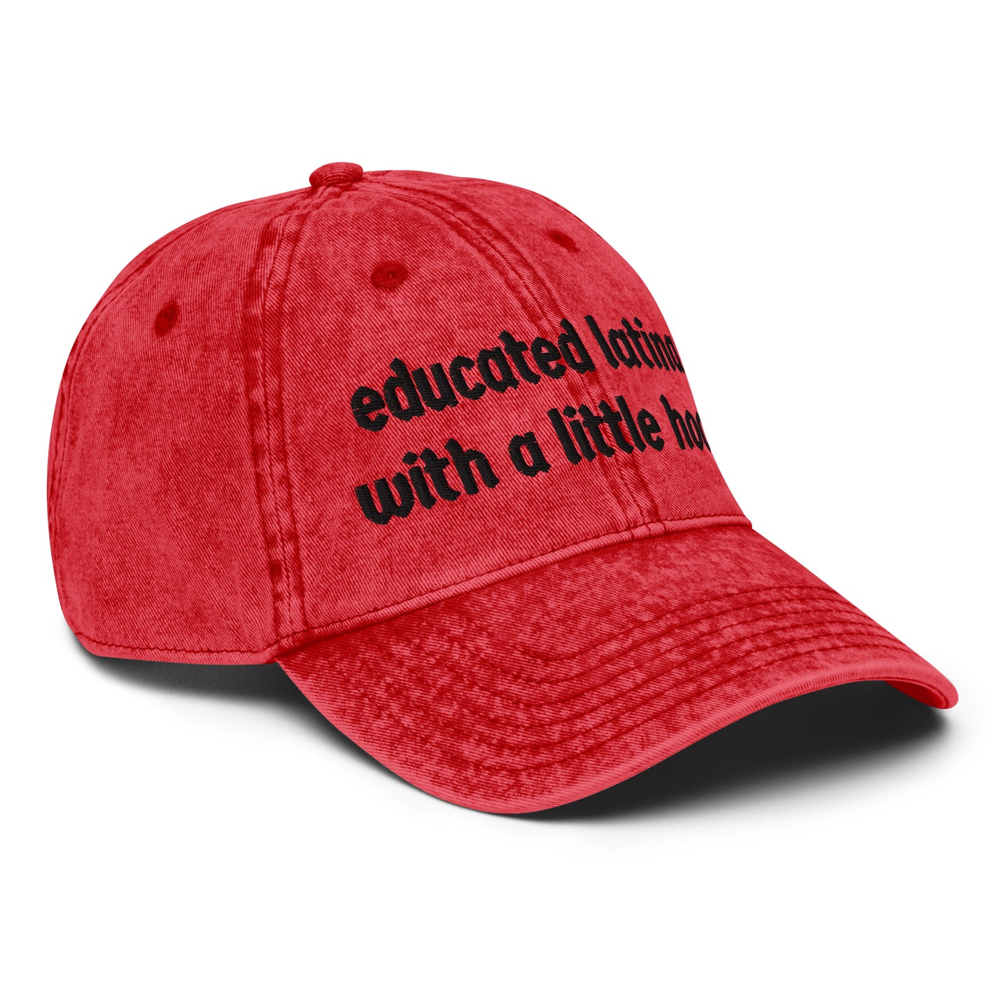 Side view of Educated Latina with a Little Hood barrio humor baseball cap