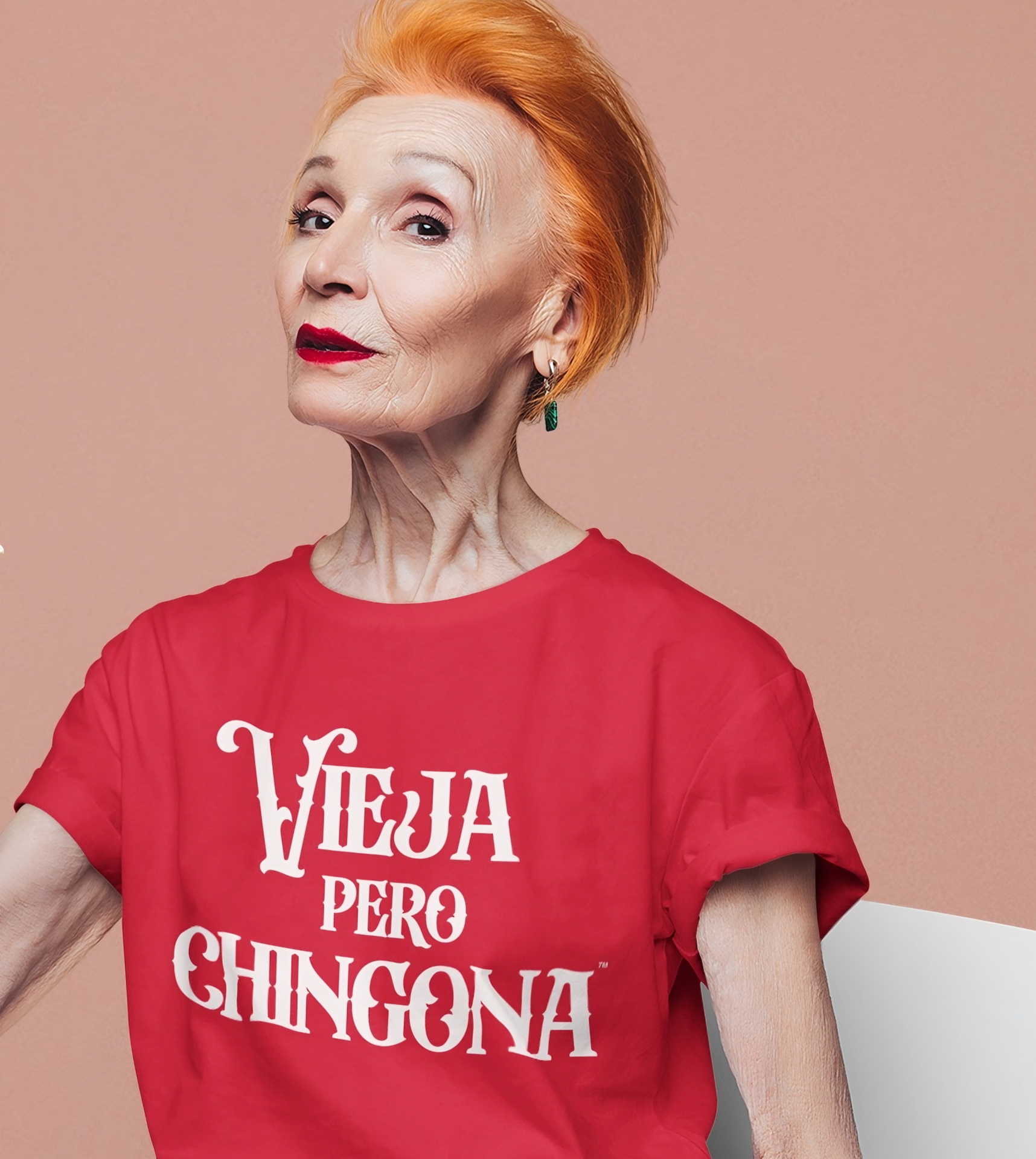 Older Woman wearing a Vieja Pero Chingona shirt honoring Latina moms and abuelas